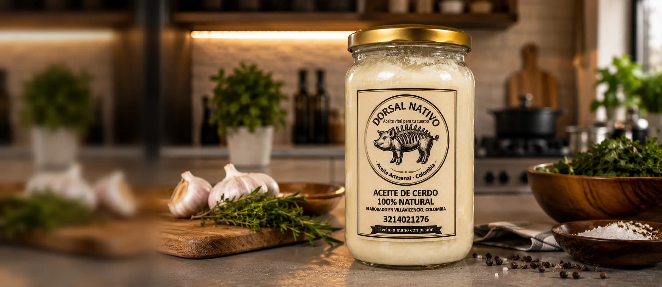 Frasco de aceite de cerdo Dorsal Nativo sobre un mesón de cocina rústica